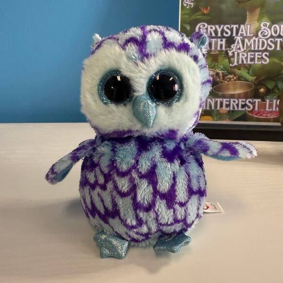 Ty Beanie Boo Oscar Owl 6” Blue Purple Plush Stuffed Animal EUC Sparkle Eyes - Picture 1 of 5